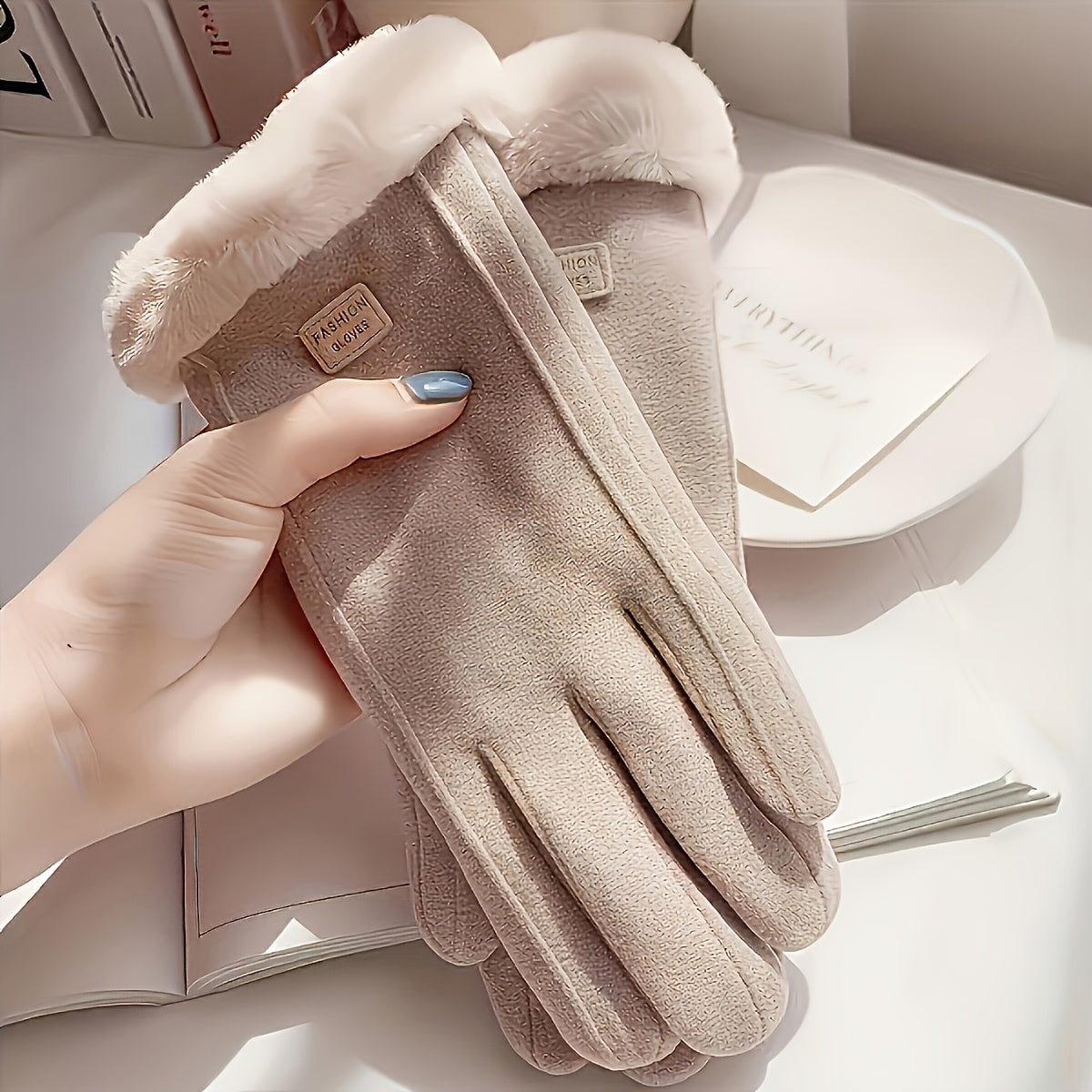 Women'S Beige Touchscreen Gloves - Thick Warm Plush Lined Full Finger Mittens for Winter, Knitted Polyester, Non-Stretch, Hand Washable, Ideal for Going Out